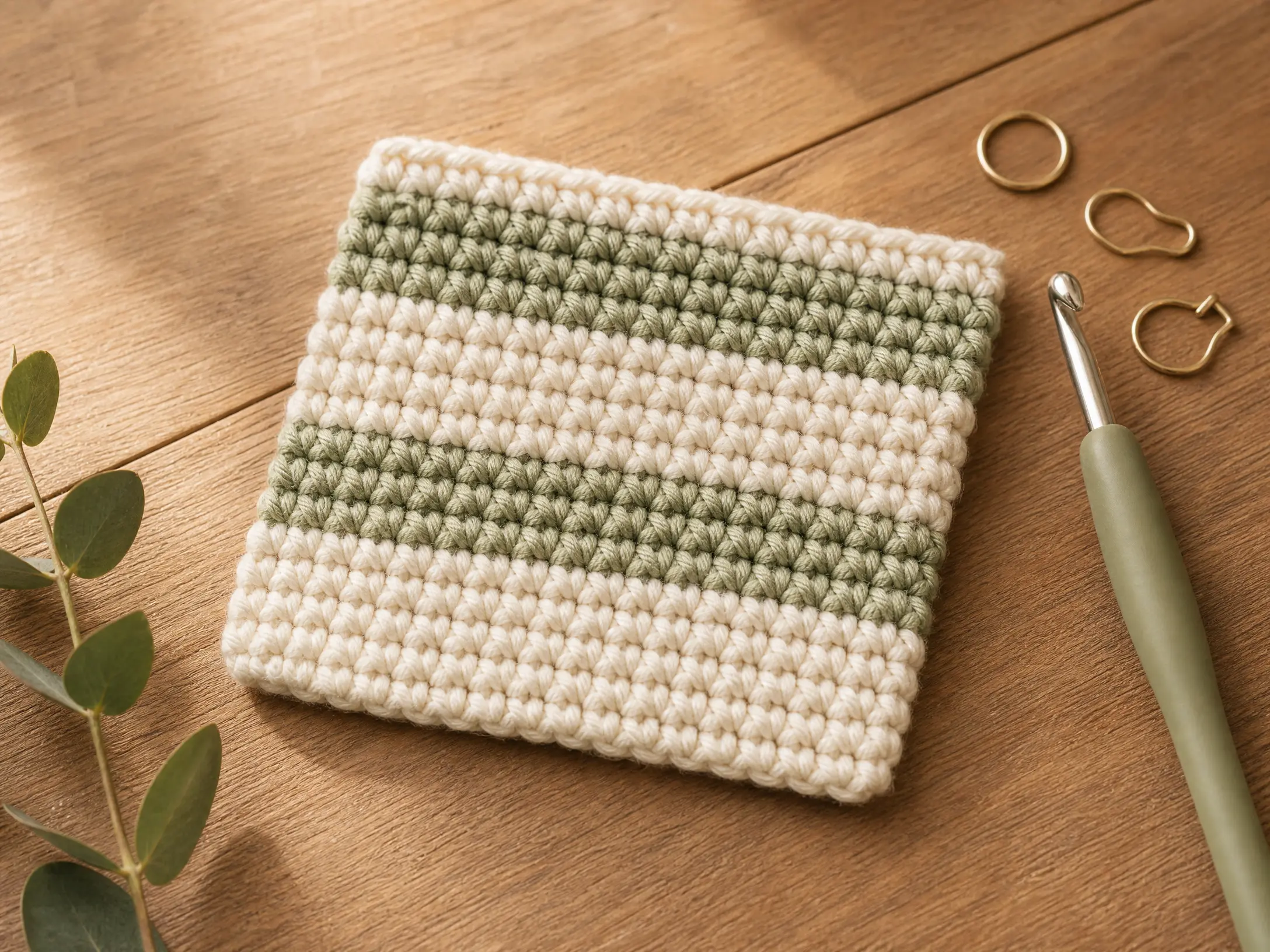 Striped square swatch made with single crochet, with the V-shaped stitches visible