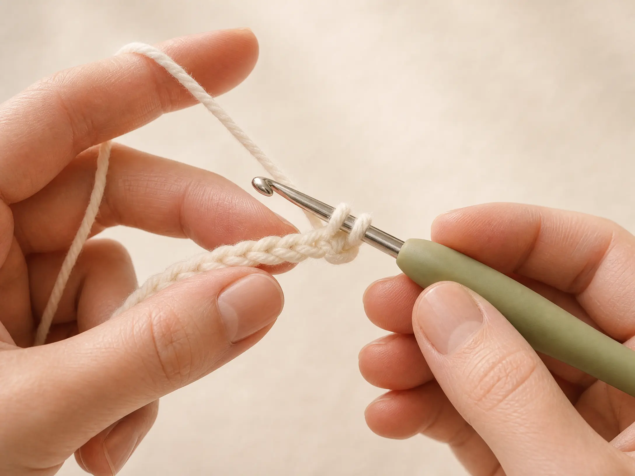 Close-up of a crochet hook inserted into a chain to make a single crochet