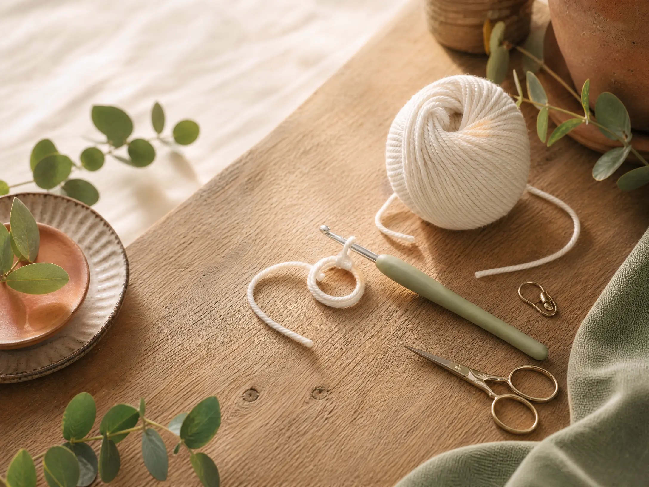 Yarn, crochet hook, scissors and stitch marker for making a magic ring