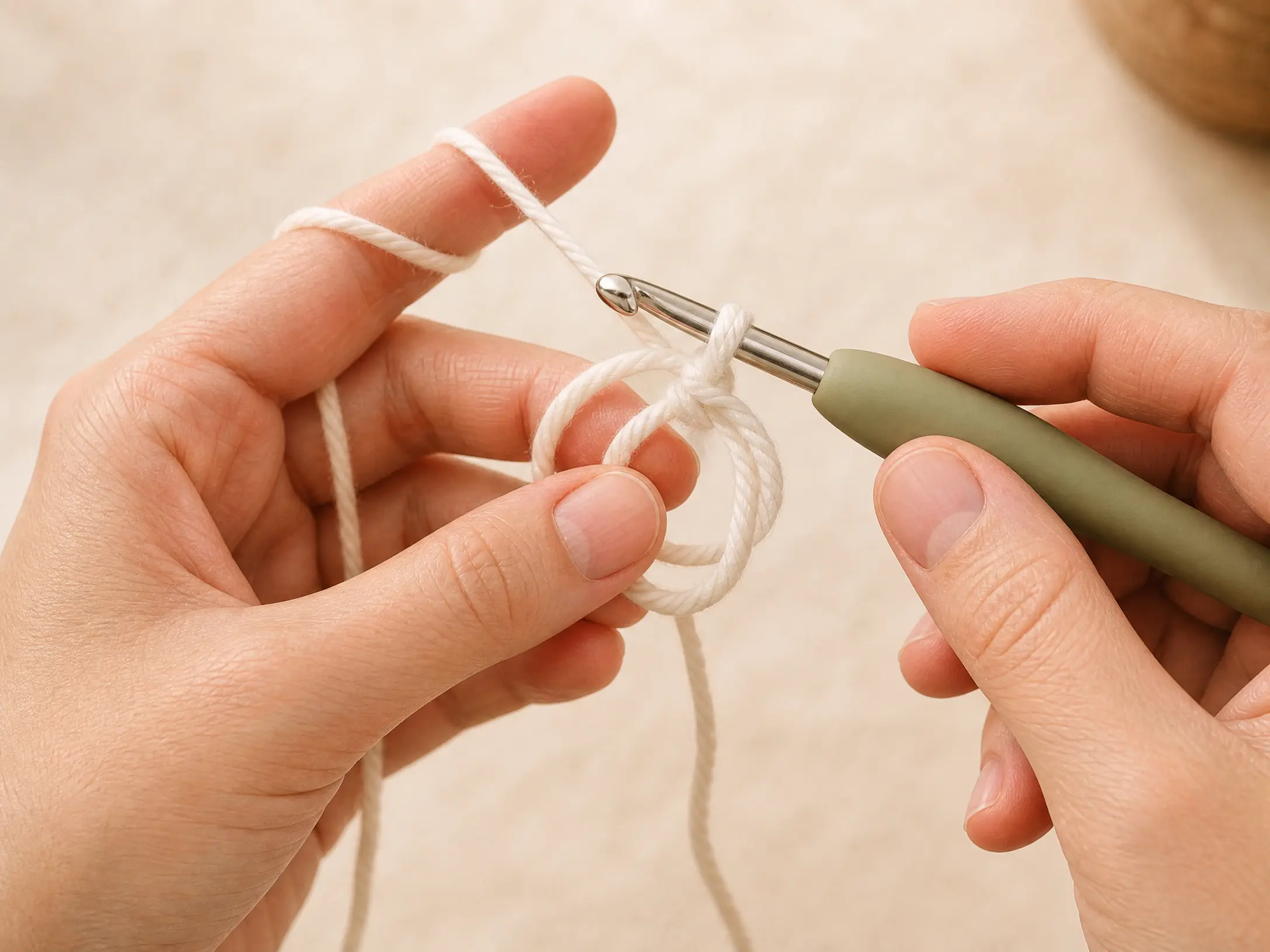 Close-up of hands forming a crochet magic ring with cream yarn and a sage-green hook