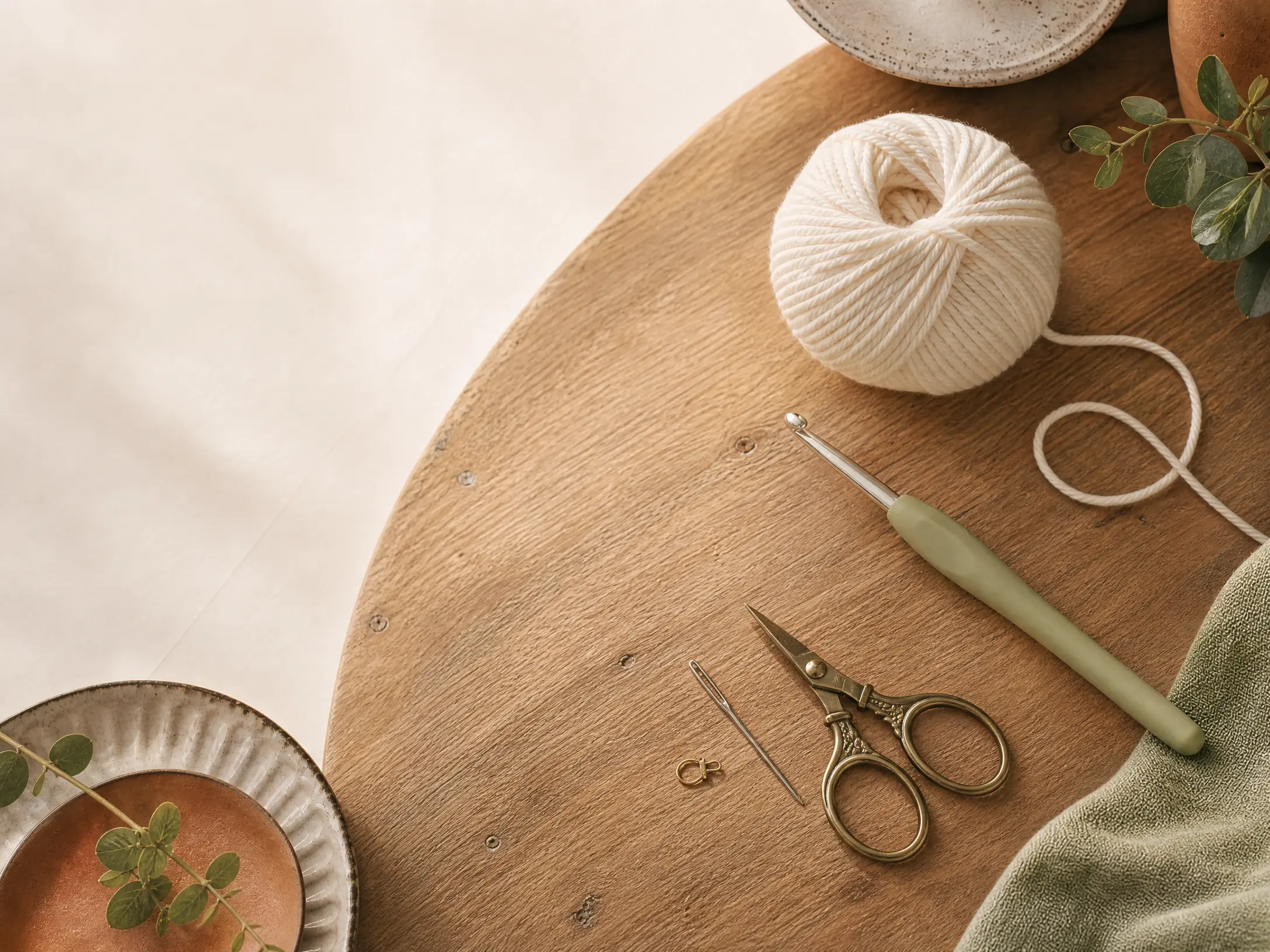Crochet materials: yarn, hook, scissors, tapestry needle and stitch marker